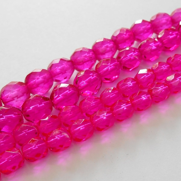 22- Fuchsia Pink 8mm Faceted Fire Polished Round Beads, Transparent, Czech Republic Glass Beads