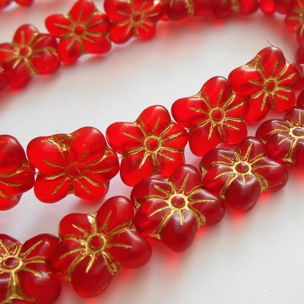 6 - Red 14x12mm Puffed Lovely Daisy Flower Beads, Translucent, Gold Wash, 14x13mm, Czech Republic Glass Beads