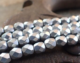 25 - Silky Matte Silver 6mm Faceted Fire Polished Beads, Opaque, Czech Republic Glass Beads