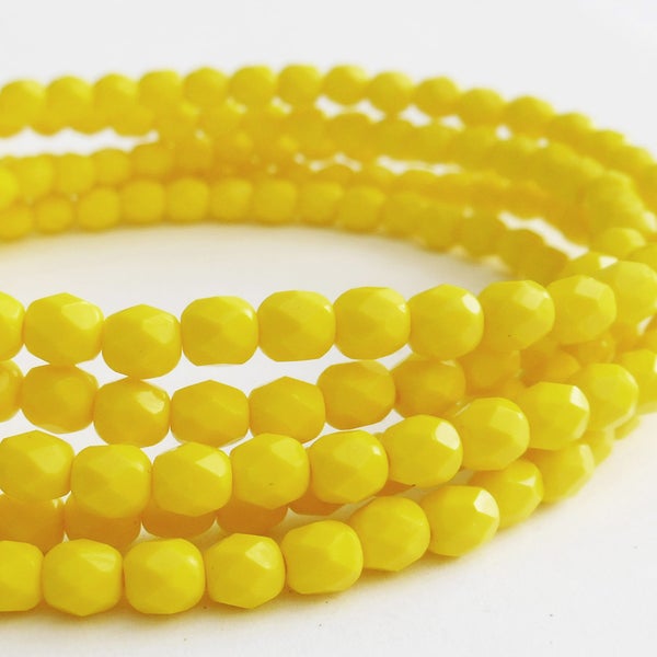 50 - 3mm & 4mm Sunny Yellow Faceted Fire Polished Round Beads, Opaque, Czech Republic Glass Beads