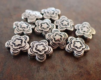 10 - Pewter 9x3mm Puffy Flower Beads, Antique Silver Tone, Flower Design, Metal Beads