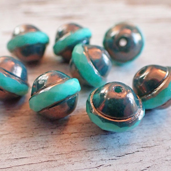 9 - Blue Green Silk 11x9mm Faceted Saturn Saucer Beads, Metallic Platinum Finish, Czech Republic Glass Beads