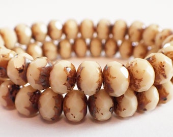 10 - Ivory Picasso 9x6mm Faceted Rondelle Beads, Opaque, Cream & Brown, Czech Republic Glass Beads