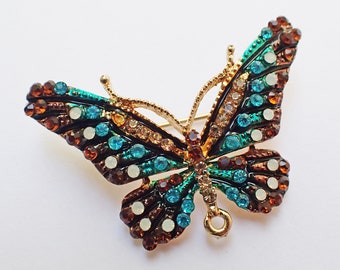 Vintage Butterfly Brooch Pin, Crystal Rhinestones, Gold Tone, Topaz, Blue & White, Estate and/or Previously Owned