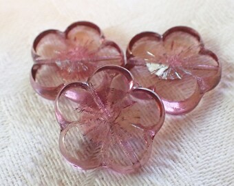 1 or 2 - Amethyst Bronze 21mm Table Cut Hawaii Flower Beads, Transparent, Czech Republic Glass Beads