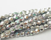 50 - Silver Ore AB Etched 4mm Faceted Fire Polished Round Beads, Opaque, Czech Republic Glass Beads