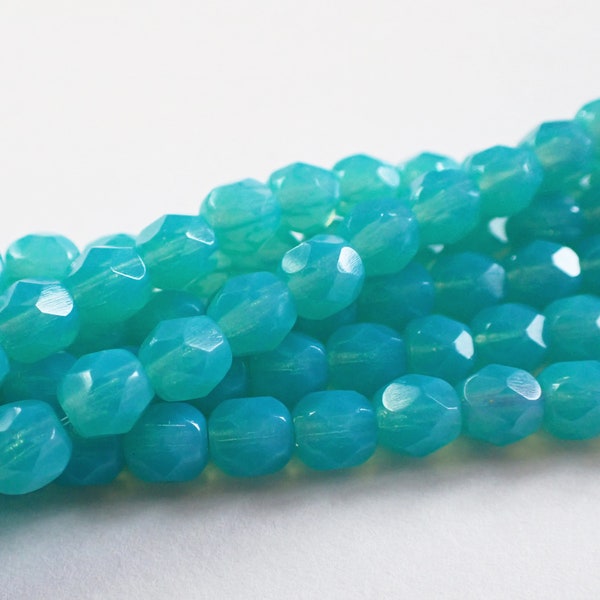 6mm, 8mm Caribbean Blue Opal Faceted Fire Polished Round Beads, Translucent, Czech Republic Glass Beads
