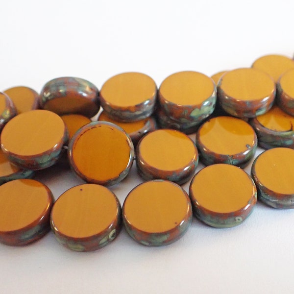 6 - Goldenrod Picasso 11mm Table Cut Coin Beads, Spicy Mustard, Opaque, Czech Republic Glass Beads