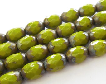 19 - Avocado Green Picasso 8x6mm Faceted Oval Beads, Opaque, Travertine, Czech Republic Glass Beads