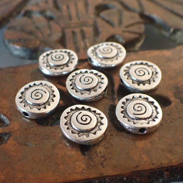 6 or 12 - Antiqued Silver 12mm Spiral Flat Coin Pewter Beads, Silver Plate, Nice Quality