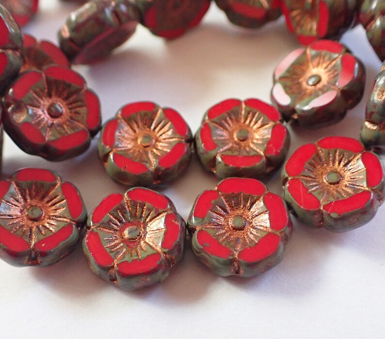 Red Copper Picasso 12mm Table Cut Hawaii Flower Beads 6 Czech Republic Glass Beads Opaque
