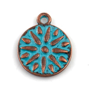 4 - Antiqued Copper Patina 18x14mm Round Disc Charms with Loop, Double Sided Carved Pattern
