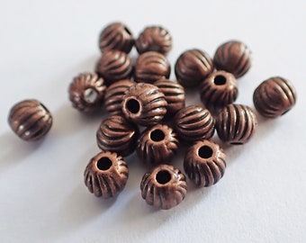 25 - Antique Copper 4mm Pewter Fluted Round Beads, Corrugated Melon