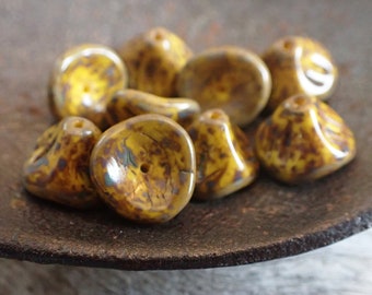 12 - Yellow Picasso 10x7mm Bell Flower Beads, Opaque, Trumpet, 3 Petal, Czech Glass