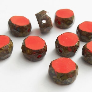 10% OFF! 8mm & 10mm Coral Orange Picasso Faceted Coin Beads, Czech Republic Glass Beads, Beveled Oval