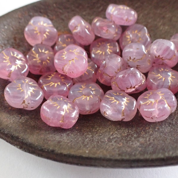 25- Pink & Gold9mm Puffed Trillium Flower Beads, Transparent, Czech Republic Glass Beads, Vintage Style
