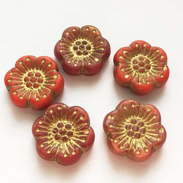 2 - Coral Orange Shades 18mm Wild Rose Flower Beads, Matte, Bronze Wash, Anemone, Czech Republic Glass Beads