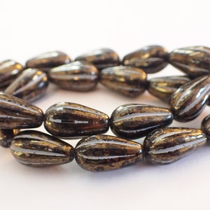 4 - Bronzed Black 15x8mm Melon Teardrop Beads, Opaque, Czech Republic Glass Beads