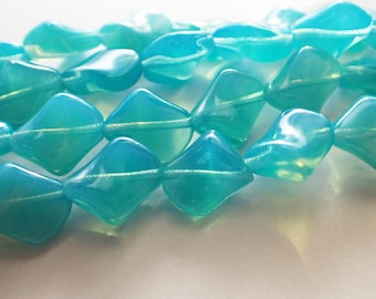 11 - Caribbean Blue Opal 14x12mm Diagonal Twisted Beads, Czech Glass Beads