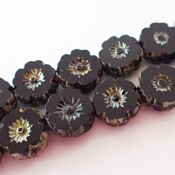 6 - Black Picasso 12mm Table Cut Hawaii Flower Beads, Opaque, Czech Republic Glass Beads