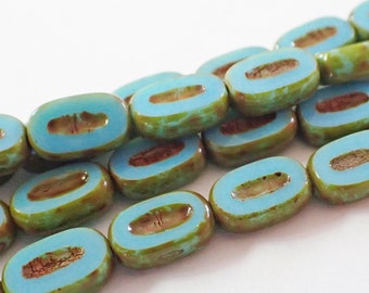 15 - Blue Turquoise Picasso 10x6mm Table Cut Oval Beads, Czech Glass Beads, Slice, Slab