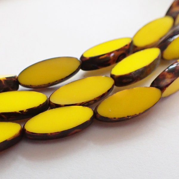 8 - Sunny Yellow 16x6mm Oval Spindle Beads, Picasso, Opaque, Czech Republic Glass Beads