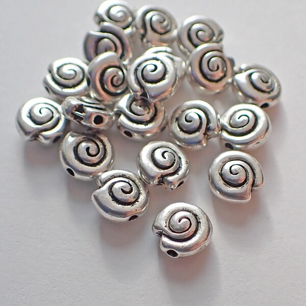 10 -  Antique Silver 8x4mm Pewter Snail Beads, Spiral, Very Nice Quality