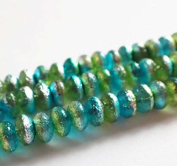 Czech Republic Glass Beads Blue /& Green 12 Silvery Frosted Finish Laguna Celestial 7x4mm Etched Rondelle Beads