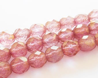 16 - Matte Crystal Rose 8mm Faceted Fire Polish Round Beads, Gold Finish, Transparent, Czech Republic Glass Beads