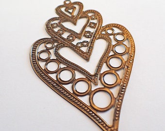 6 - Large Antique Brass Triple Heart Filigree Charms Pendants 85x5mm, Bronze Charms, Brass Ox Charms