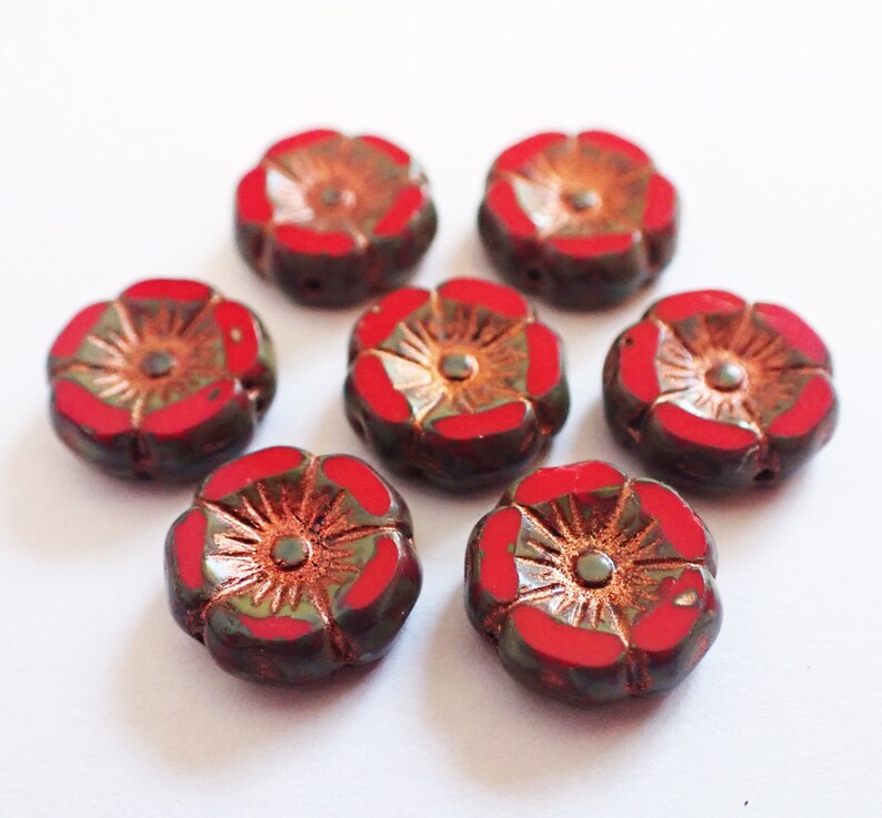 Red Copper Picasso 12mm Table Cut Hawaii Flower Beads 6 Czech Republic Glass Beads Opaque