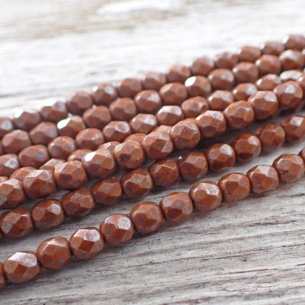 50 - Dark Umber Brown Picasso 4mm Fire Polish Faceted Round Beads, Opaque, Czech Republic Glass Beads