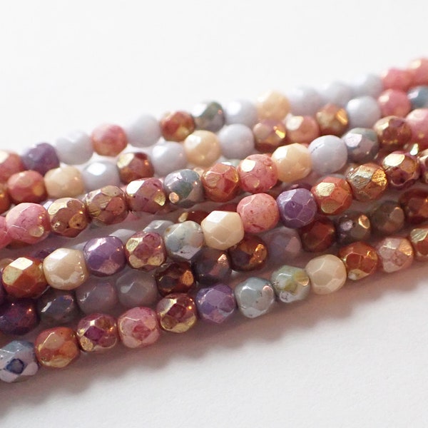 3mm & 4mm - 5 Color Mix Opaque Luster Fire Polished Faceted Round Beads, Cream, Green, Purple, Pink, Czech Republic Glass Beads