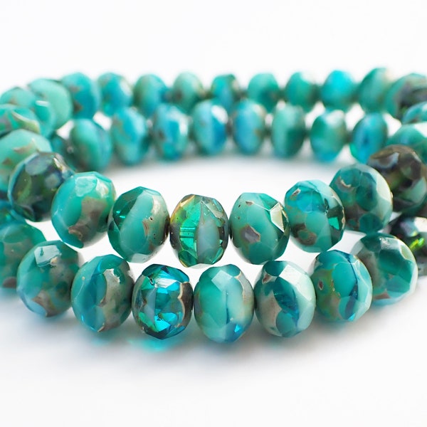 7x5mm, 8x6mm Sea Green & Blue Mix Picasso Faceted Rondelle Beads, Transparent and Opaque, Czech Republic Glass Beads