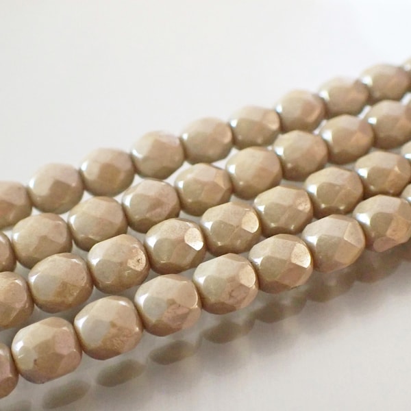 25 - Maple Cream 6mm Faceted Fire Polished Round Beads, Light Brown, Opaque, Czech Republic Glass Beads