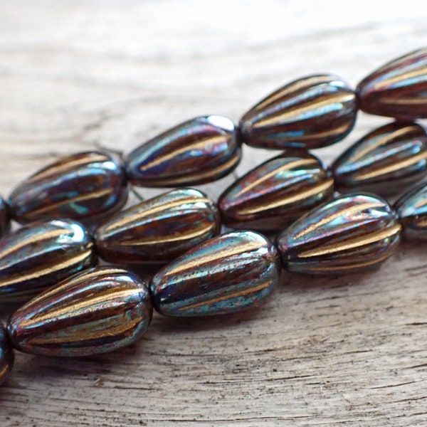 6 - Brown Nebula 13x8mm Melon Teardrop Beads, Bronze Finish, Translucent, Czech Republic Glass Beads