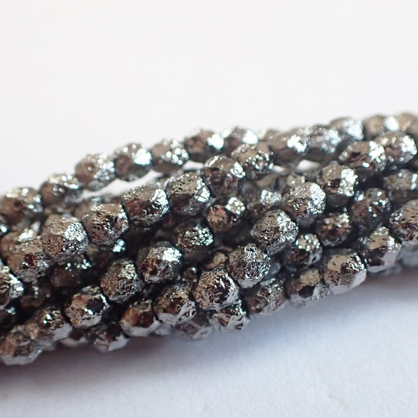 50 - Full Chrome Dark Gray 4mm Etched Faceted Fire Polished Beads, Opaque, Czech Republic Glass Beads, Rough Stone Like Finish