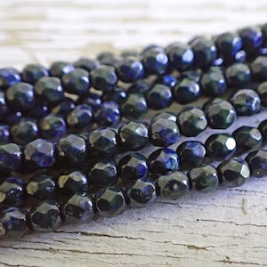 50 - Navy Blue Picasso 4mm Fire Polished Faceted Rounds, Czech Republic Glass Beads (7790)