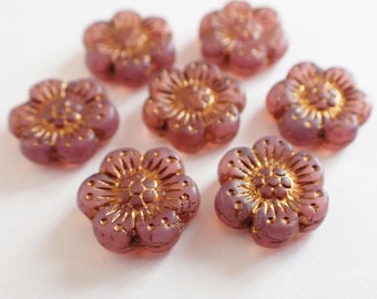 6 - Pink Opaline 14mm Wild Rose Flower Beads, Dark Bronze Wash, Czech Republic Glass Beads