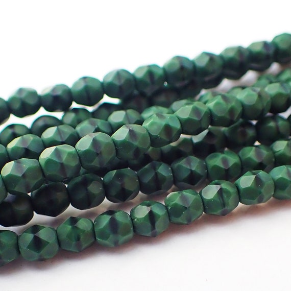 50 - Matte Hunter Green 4mm Faceted Fire Polished Round Beads, Opaque,  Czech Republic Glass Beads