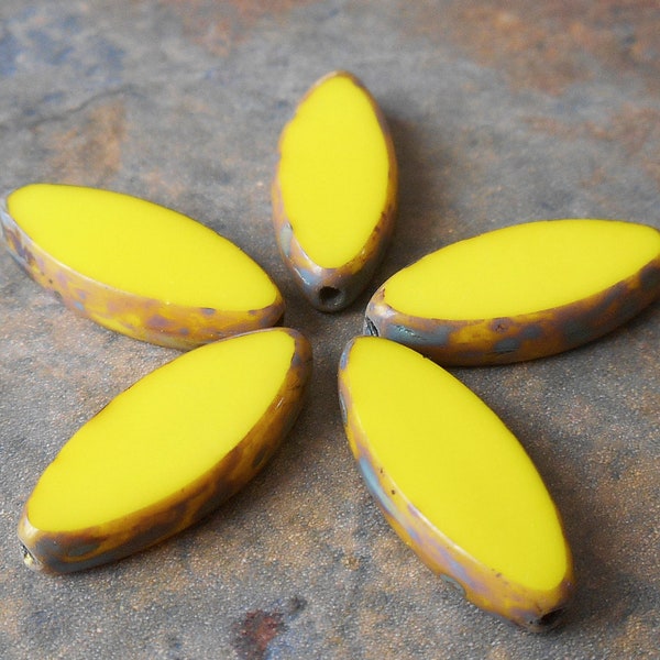 8 - Sunny Yellow 18x7mm Oval Spindle Beads, Picasso, Opaque, Czech Republic Glass Beads