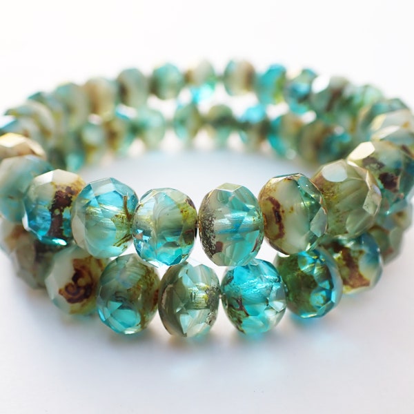 10 - Aqua Blue & Ivory Picasso 9x6mm Faceted Rondelle Beads, Transparent, Opaque, Czech Republic Glass Beads (5065)