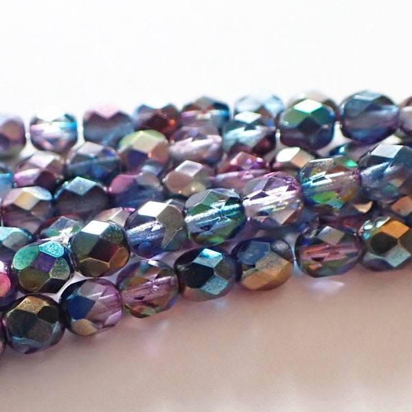 3mm, 4mm, 6mm Blue Magic Faceted Fire Polished Round Beads, Blue Purple Green Pink Orange Gold, Czech Republic Glass Beads