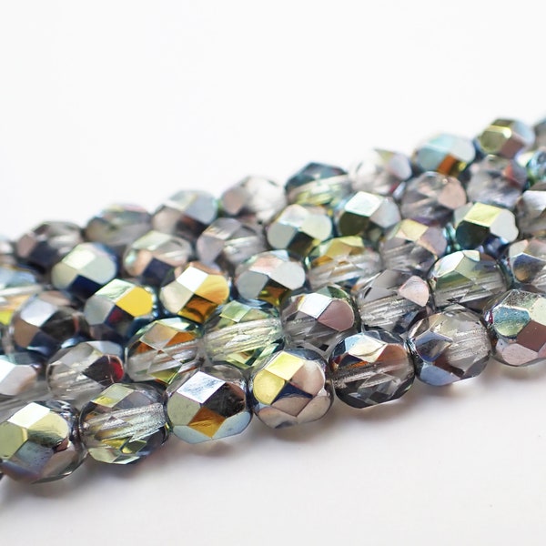 25 - Crystal Marea Silver 6mm Fire Polish Sea Glass Faceted Round Beads, Green, Gold, Czech Republic Glass Beads