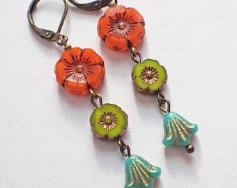 3 Flower Dangle Earrings, Hawaii & Lily Beads, Antique Brass Findings, Whimsical, Colorful, 1 Pair, Czech Republic Glass Beads