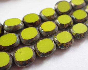 6 - Lime Green Picasso 10x9mm Table Cut Cushion Oval Beads, Opaque, Czech Republic Glass Beads