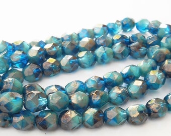 Czech Rondelle Glass Beads ~ Opalescent Pacific Blue Picasso 