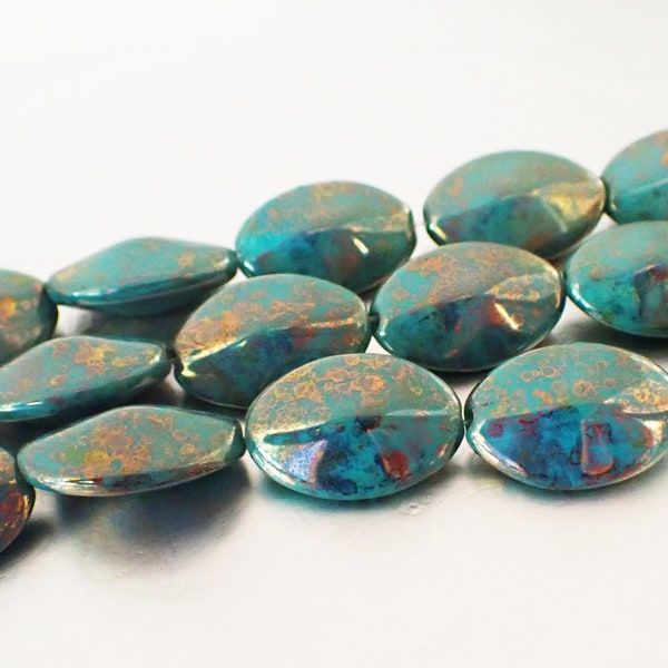 6 - Turquoise Bronze 17x11mm Raised Oval Beads, Opaque, Czech Republic Glass Beads