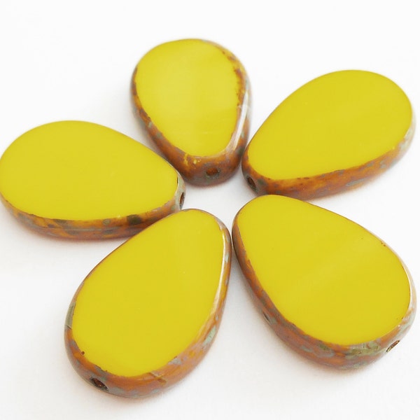 BULK SALE! 24 - Yellow Picasso 18x12mm Flat Teardrop Beads, Opaque Czech Glass Beads, Table Cut, Pear shape, Tear, Monkeyshine Beads