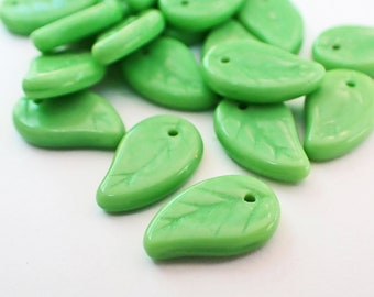 12 - Retro Green 14x9mm Leaf Beads, Carved, Top Drilled, Opaque, Czech Republic Glass Beads